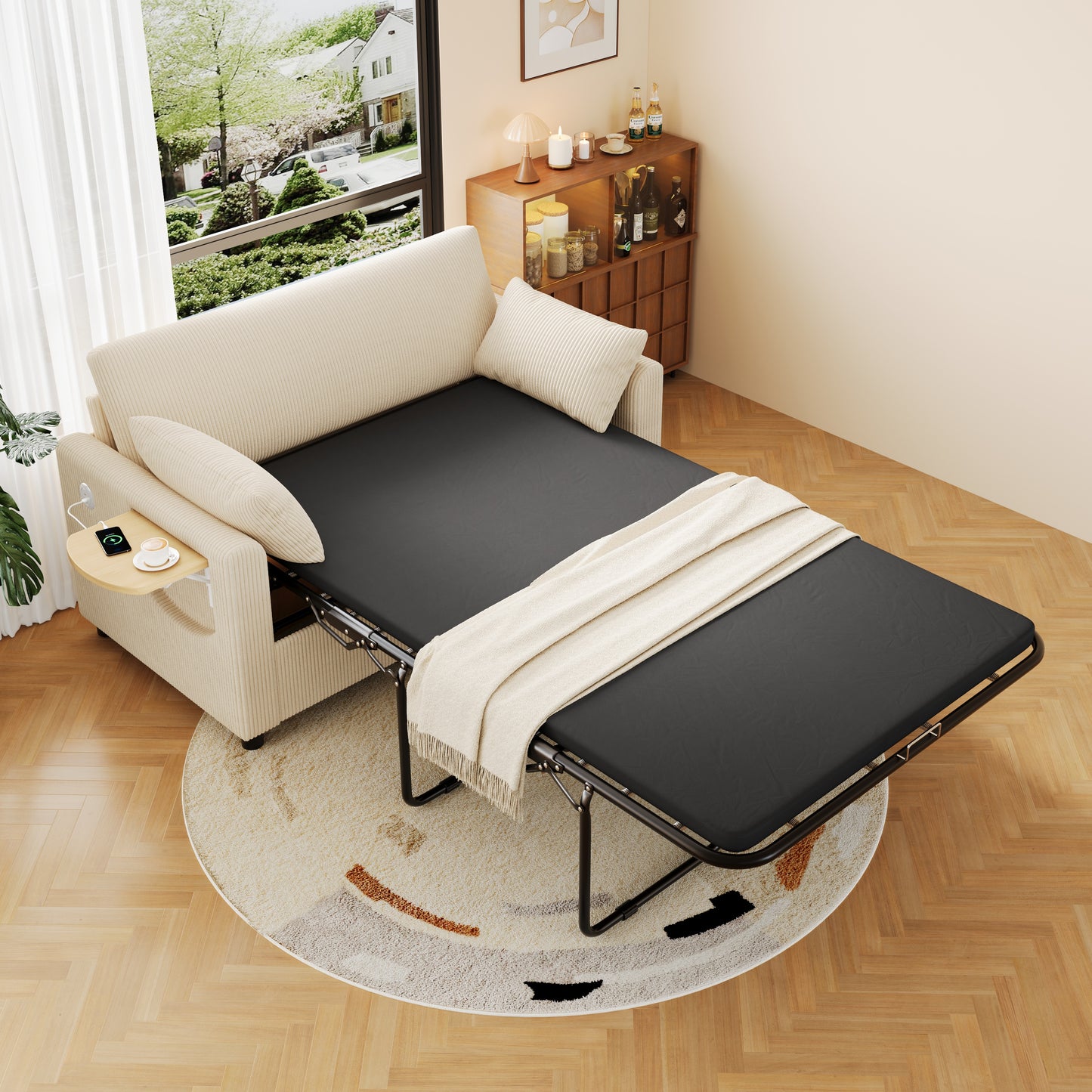 Pull-out 2-seater Sofa Bed With Sleeping Function, USB Charging Port, Folding Side Table, Mattress, Two Sheets And Two Pillows, Ideal For Living Rooms And Apartments, Beige.