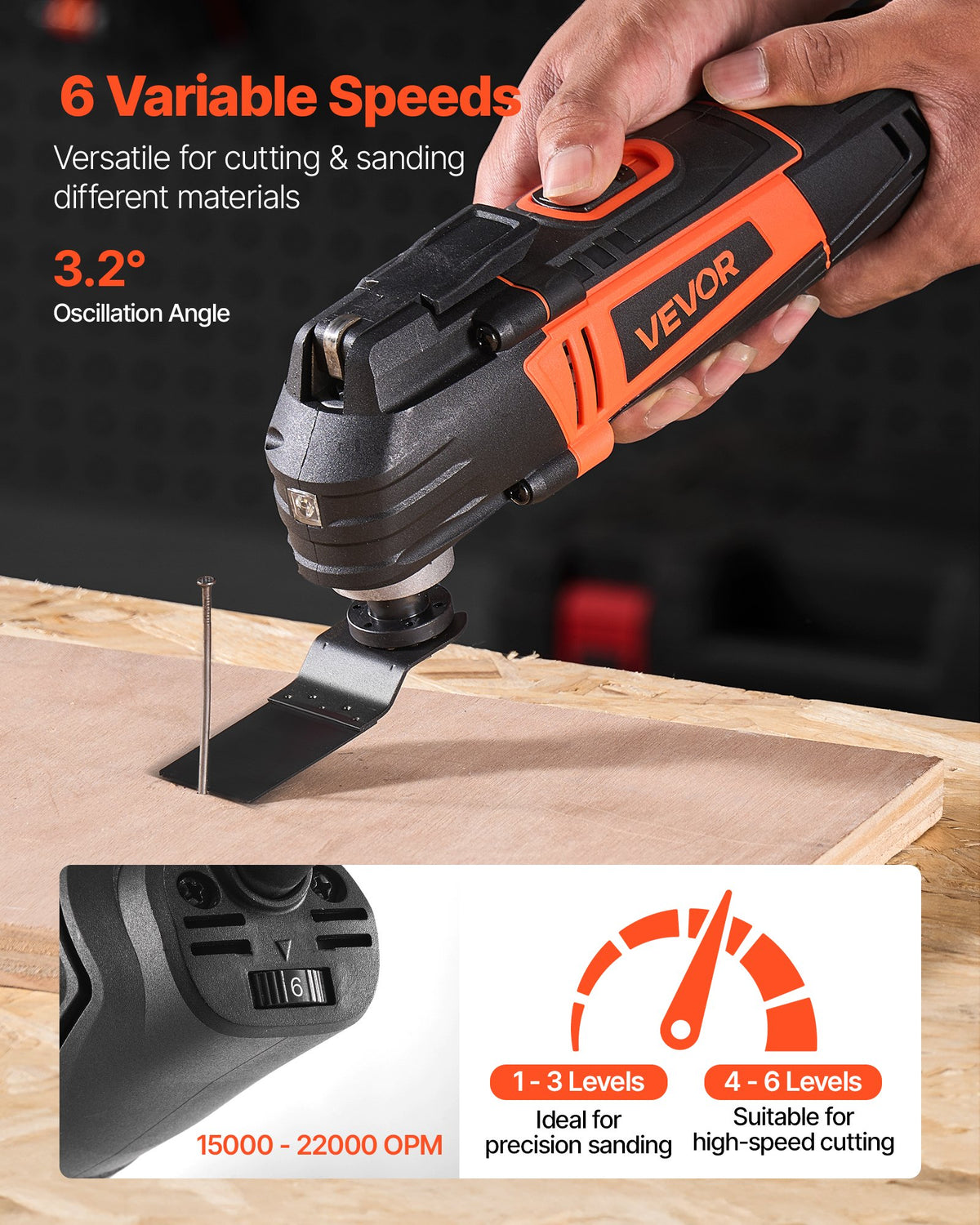 Multitool Oscillating Tool, 3Amps Corded Oscillating Multi Tool With 6 Variable Speeds 15000 - 22000 OPM, 3.2° Oscillating Angle, 13PCS Saw Accessories, LED Work Light & Tool Bag