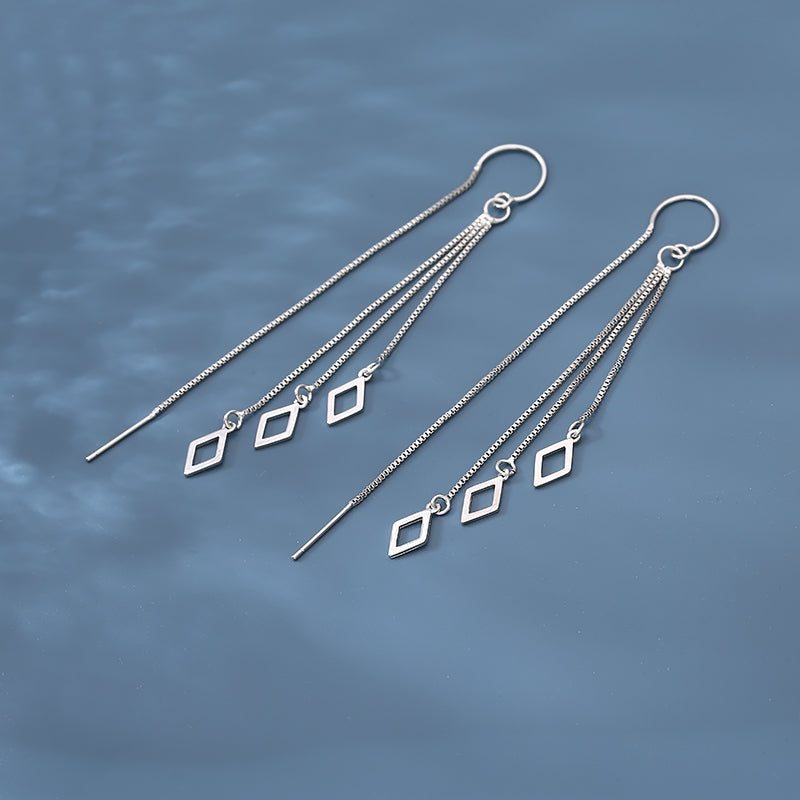 1 Pair 999 Sterling Silver Hollow Rhombus Long Tassel Threader Earrings, Minimalist & Elegant, Perfect For Daily, Dating & Business, Ideal Valentine's Gift