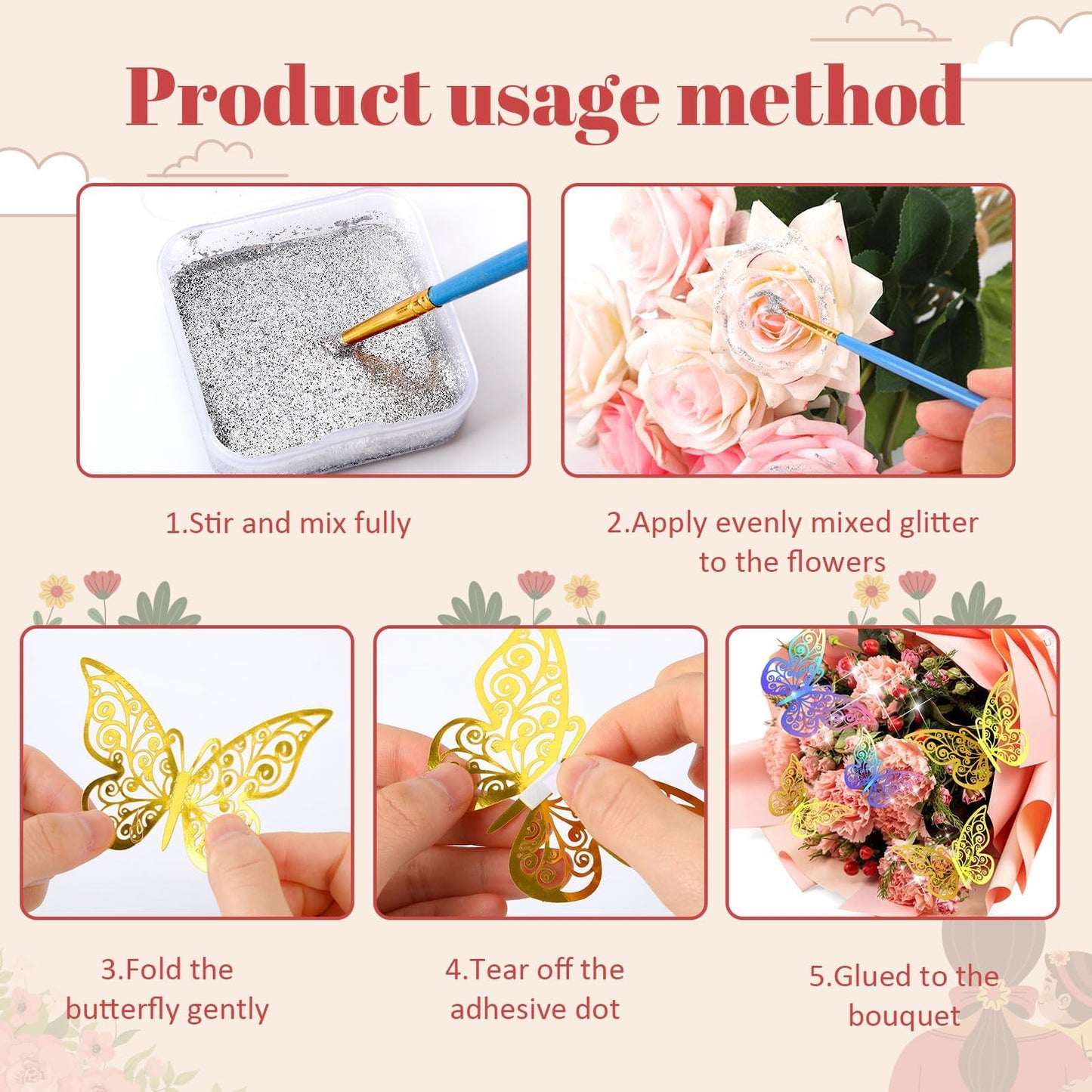Flower Bouquet Accessories Set 24pcs 3D Hollow Butterflies 2pcs Gold Crowns 2 Tubes Of Sliver Glitter Powder,Mini Crowns For Mothers Day Cake Decoration Flower Accessories For Wedding Party