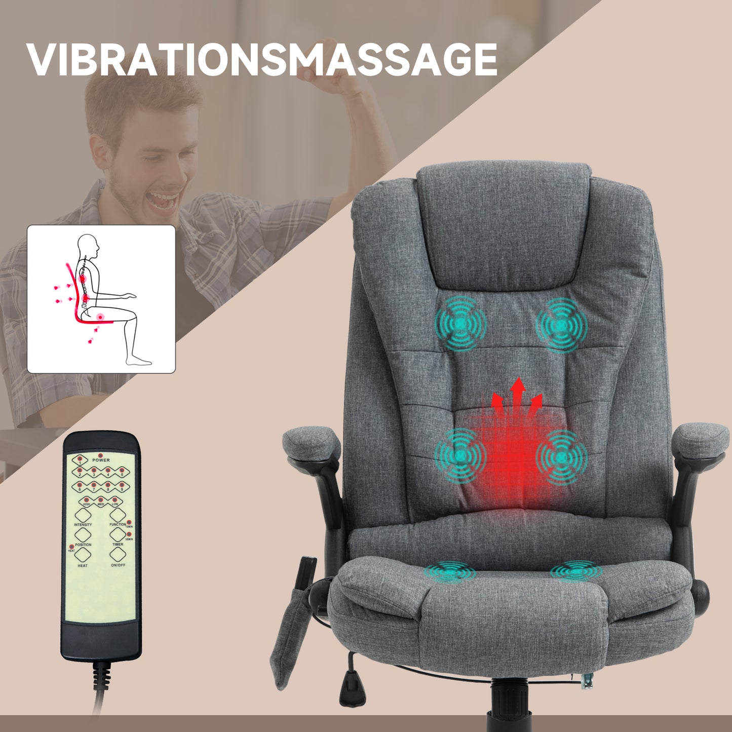 Bürostuhl Massagesessel Mit Wärmefunktion, Ergonomischer Chefsessel, Höhenverstellbarer Drehstuhl, Gamingstuhl Mit Massage, Dunkelgrau, 68 X 72 X 110–120 Cm