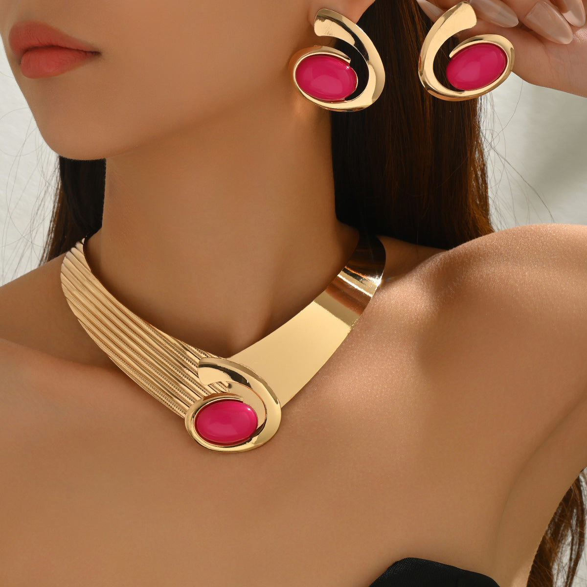 2026 New Arrival Cross-Border European American Jewelry For Women, Geometric Gemstone Inlaid Exaggerated Necklace & Matching Earrings, Versatile Fashion Ear Neck Jewelry Set