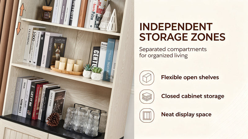 70.86in Tall Storage Cabinet, 5-Tier Cube Display W Adjustable Shelves & Barn Doors, MDF Freestanding Bookshelf For Bedroom Living Room Kitchen Pantry Bar