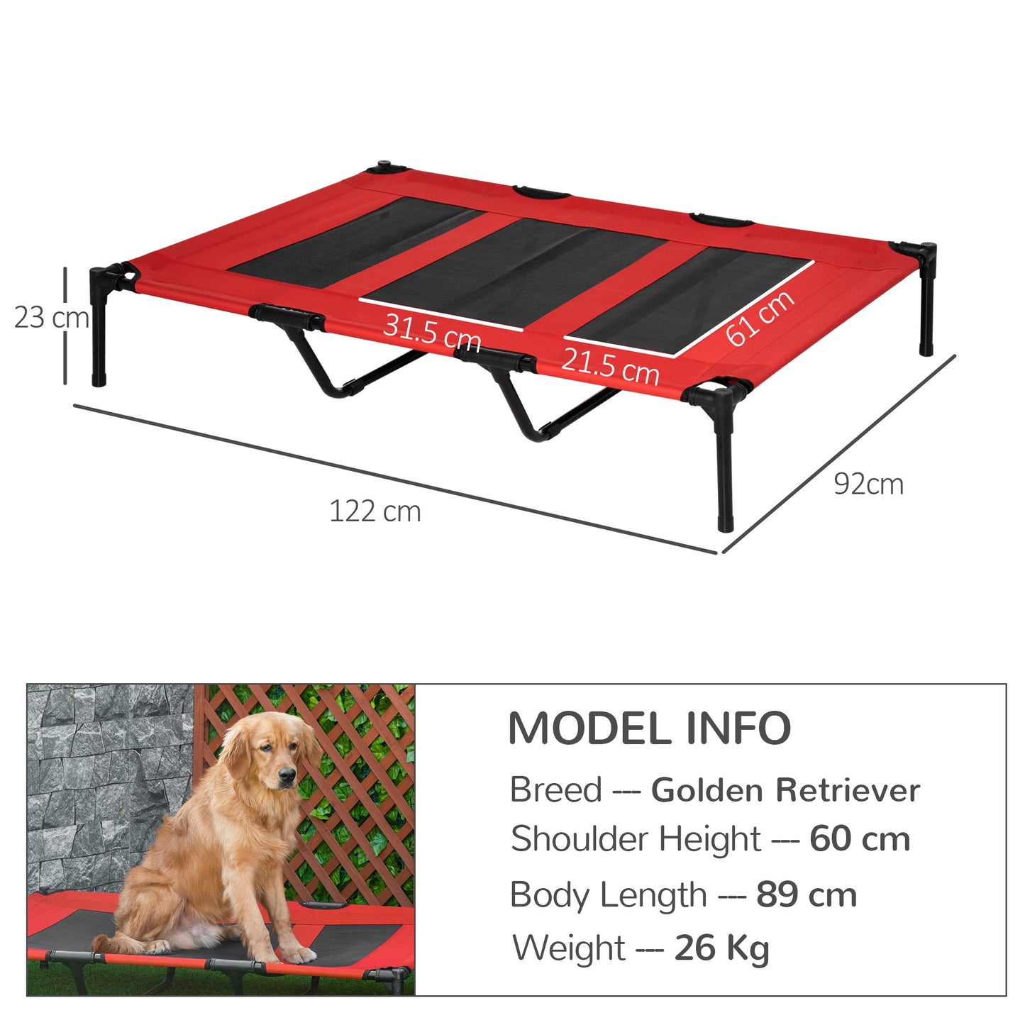 PawHut Raised Dog Bed Cooling Elevated Pet Cot With Breathable Mesh For Indoor Outdoor Use Red, XX Large, 122 X 92 X 23cm
