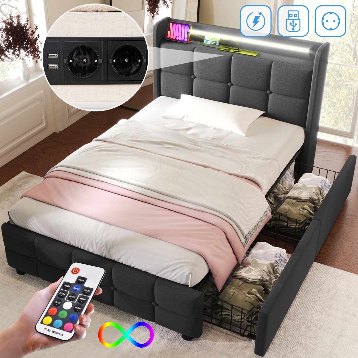 Upholstered Bed With Charging, USB Charging Function, Headboard And LED Lighting And 2 Drawers, Single Bed 90x200cm, Storage Beds, Bed Frame, Wooden Slatted Base, Grey Without Mattress