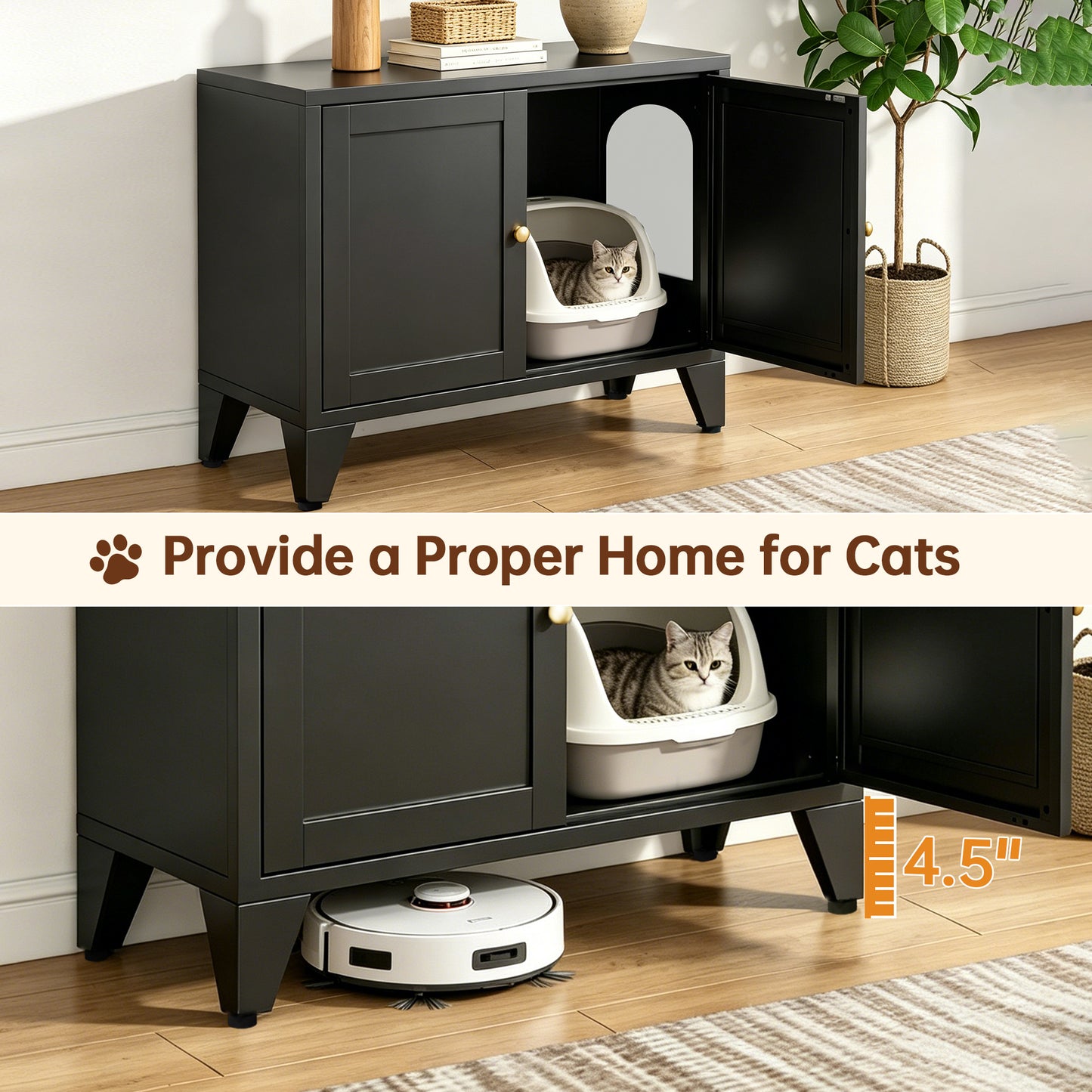Metal Cat Litter Box Enclosure, Modern Hidden Litter Box Furniture Indoor Pet House, Freestanding Cat Washroom Cabinet Fits Most Standard Litter Boxes, Black Decorative Pet Side Table For Home