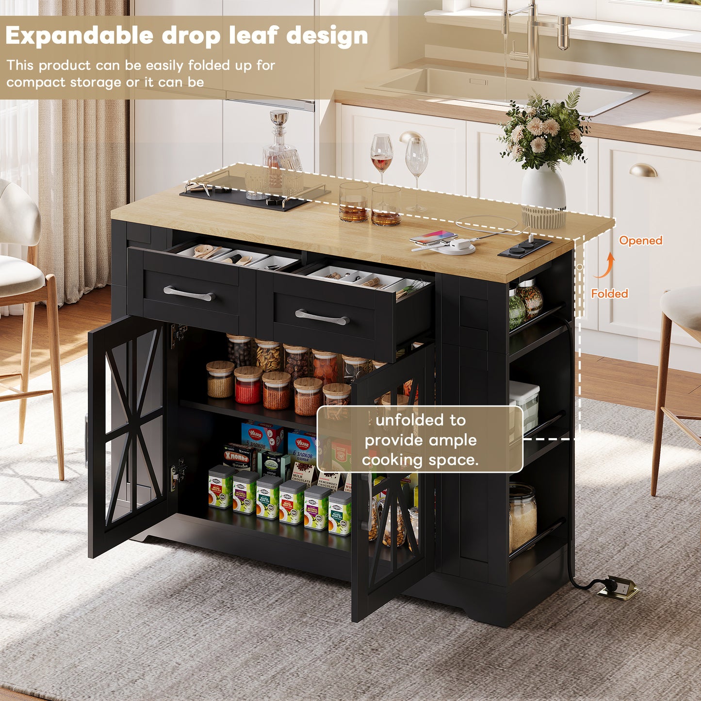 Kitchen Island On Wheels, With Foldable Tabletop, AC Socket, USB Port, Glass Door, Adjustable Shelves Suitble For Kitchen, Dining Room, Living Room,120x65x92