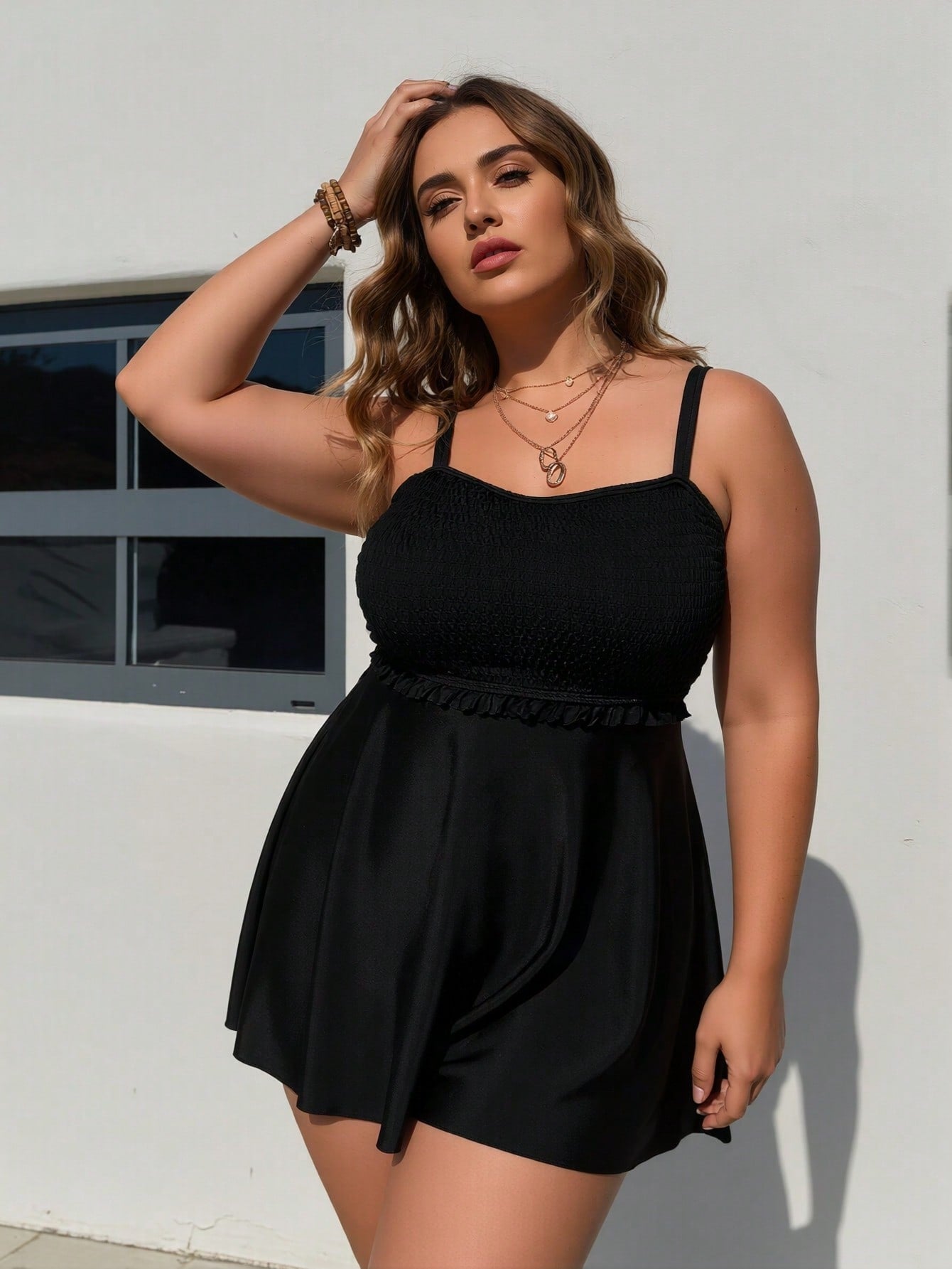 2026 New Plus Size Protection Tankini Set Smocked Ruffle Tummy Control Two Piece Swimwear