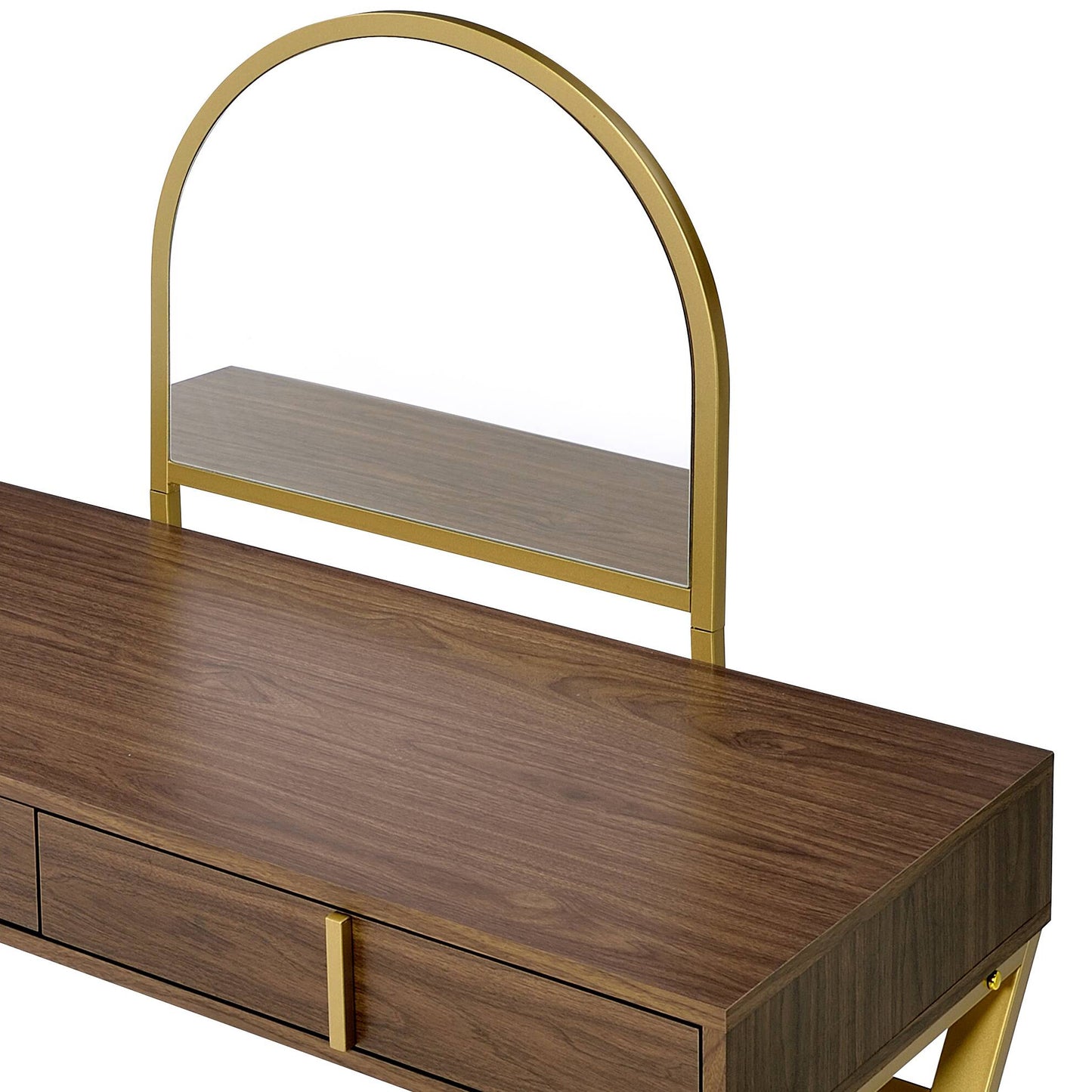 Coleen Walnut & Gold Finish Vanity Desk W Mirror & Jewelry Tray