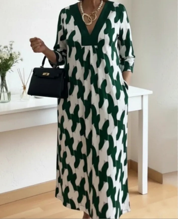 SpringSummer New Womens V-neck Printed Dress