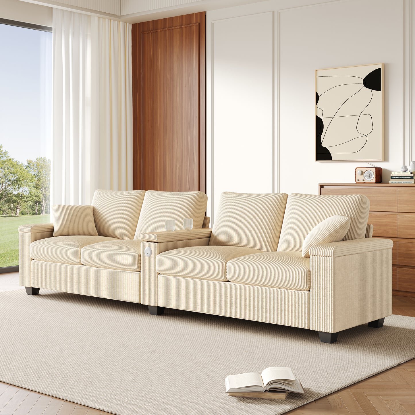 Modern 4-seater Corduroy Sofa, Living Room Sofa With USB USB-C Charging Function, Foldable Center Armrest, Hidden Storage Space, Comfortable Sofa For Office And Home, Beige.
