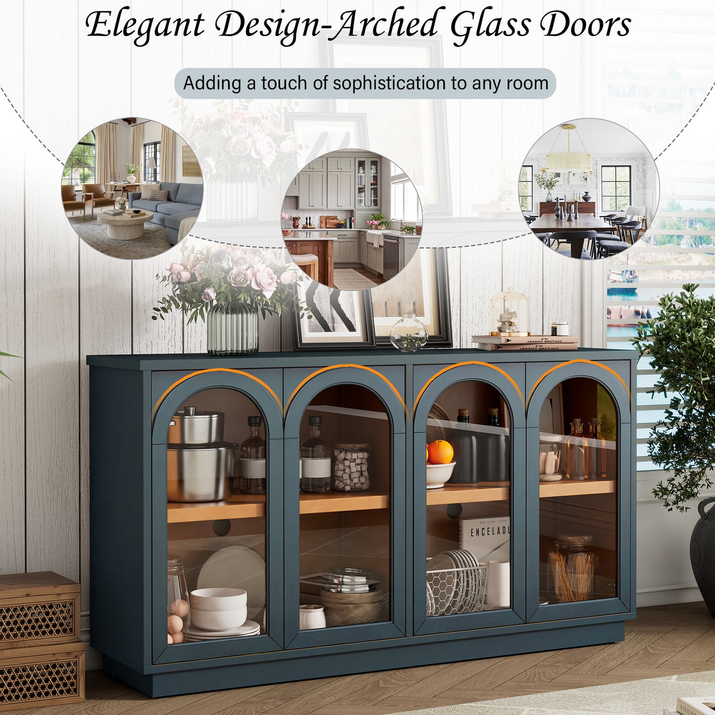 TREXM 4-Door Large Storage Buffet Cabinet With Glass Doors Arched Cabinet With Adjustable Shelves For Kitchen Dining Room And Living Room Navy