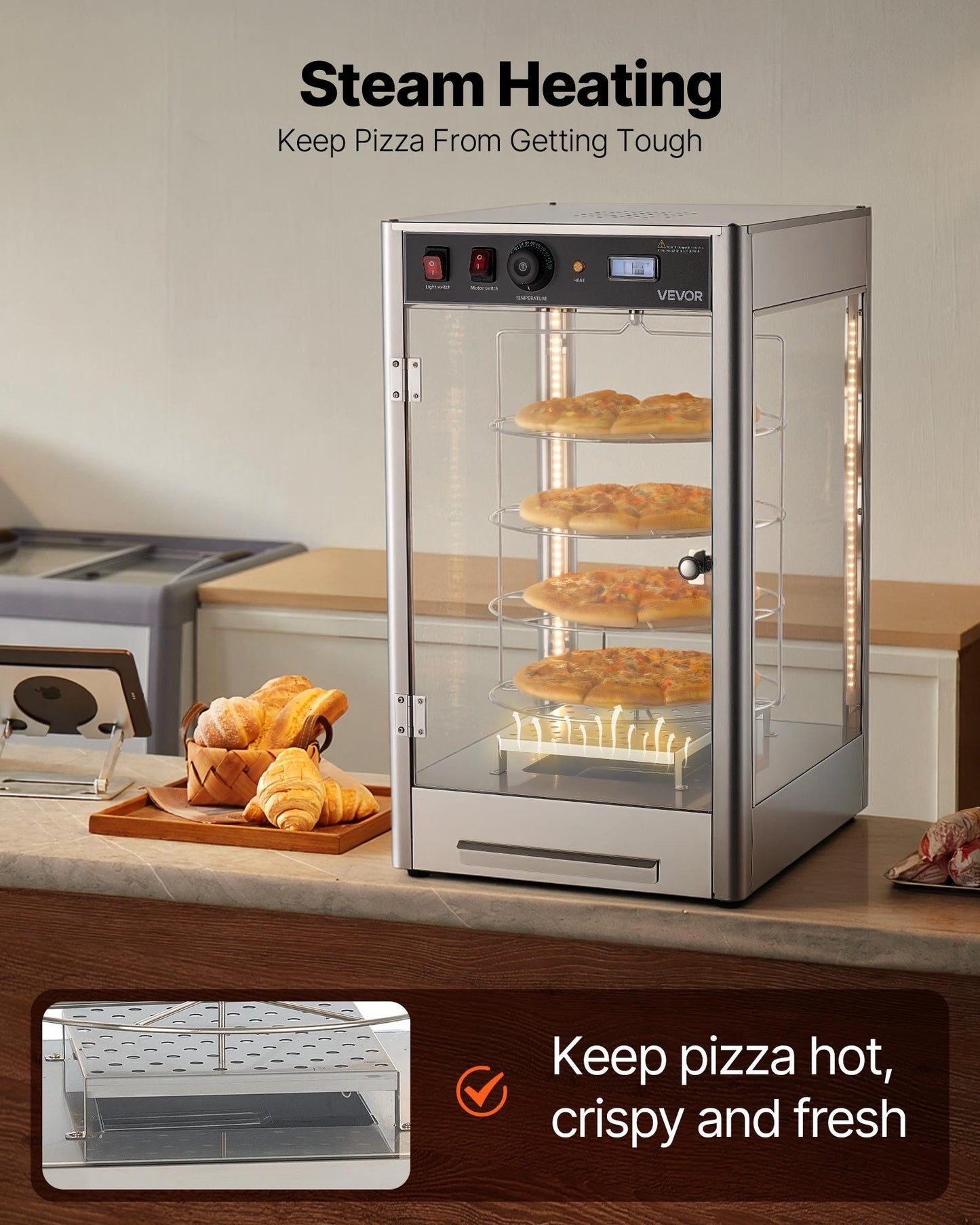 Commercial Food Warmer Display, 4-Tier Pizza Warmer With Rotary Steam Heating For 14 In Pizza, 86 F-185 F Temperature Control And Temp Display, 25W Oven Light Top LED For Pizza Shop, Restaurant