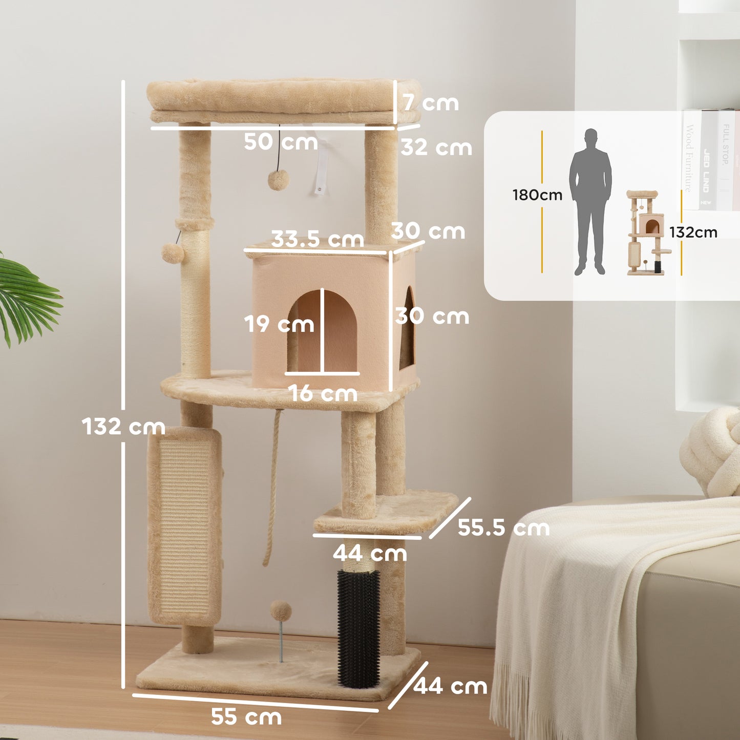 PawHut 132cm Cat Tree W Scratching Posts, Pad, Cat Bed, Cat House, Jumping Platform, Grooming Brush, Anti-Tip Kit, Beige