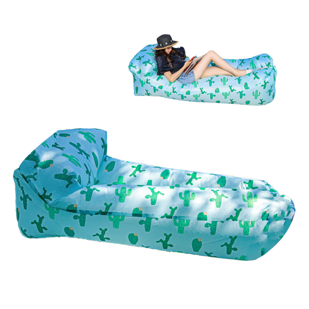 Inflatable Lounger Portable Foldable Polyester Fiber Comfortable Good Load Bearing Capacity Outdoor Air Chair For Hiking Picnic Music Festival Pillow Cacti 180x80cm / 70.9x31.5in