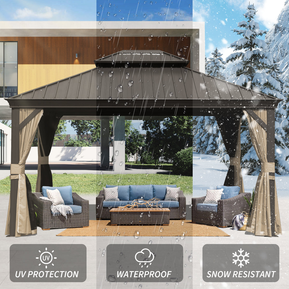 10 X 14 Hardtop Gazebo Permanent Outdoor Gazebo With Galvanized Steel Double Roof, Aluminum Frame, Curtains And Netting For Patio Lawn And Garden, Brown