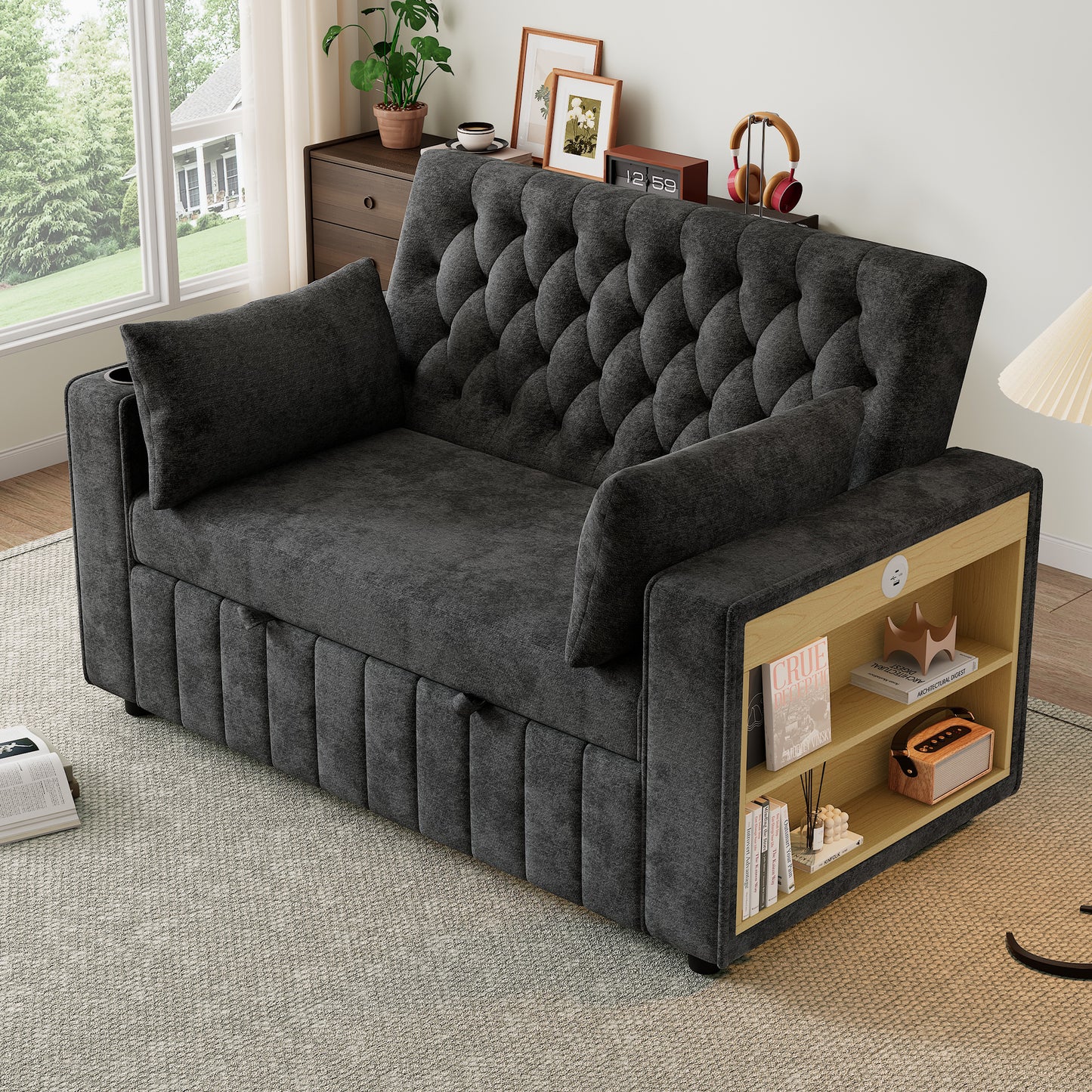 Modern 3 In 1 Folding Sofa Bed With Storage, Pull Out Chenille Sleeper, Cup Holders, USB Charging Port & Cushions, Convertible Double Sofa For Living Room, Bedroom, Guest Room, Grey