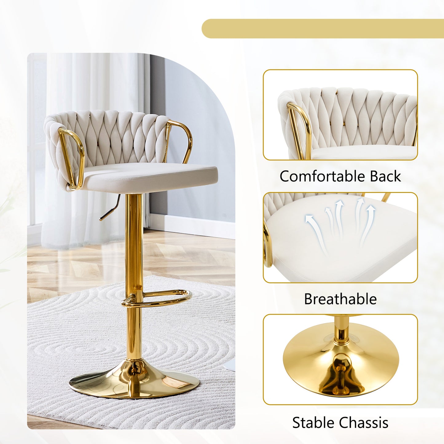 Set Of 2 Modern Luxury Velvet Braided Bar Stool With Adjustable Height, Gold Metal Base & Woven Rope Backrest, Upholstered Swivel Bar Chair For Kitchen Island Or Home Bar-Beige