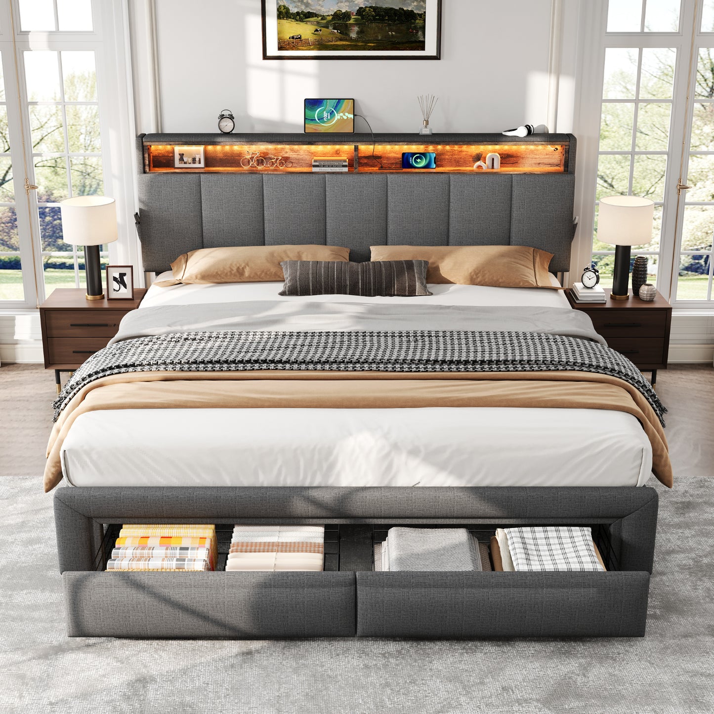 5ft King Upholstered Bed Frame With Hydraulic And Drawers Storage, LED Adjustable Headboard With Charging Station And Concealed Headboard Storage, Linen, No Box Spring Needed, Grey No Mattress