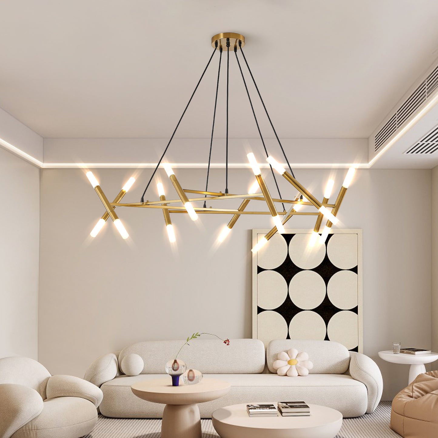 41 Golden Modern Chandelier Light Fixture, Branch Design With Frosted Tubes, Black Cords, Adjustable Height Pendant Light For Dining Room, Living Room, Or Kitchen Island Bulb Not Included