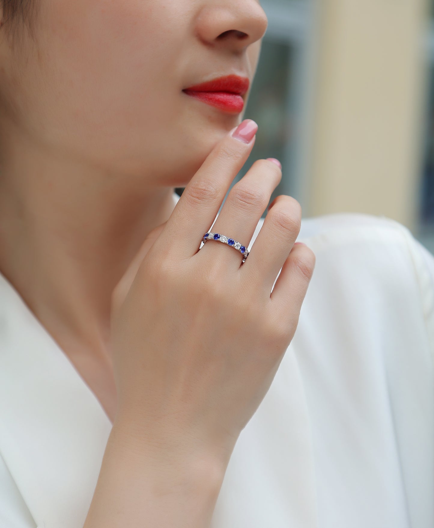2.4g S925 Sterling Silver Platinum Plated Ring Synthetic Blue Sapphire & White Stone Alternating Eternity Band, Dainty Promise Ring For Women, Jewelry Gift Box Set