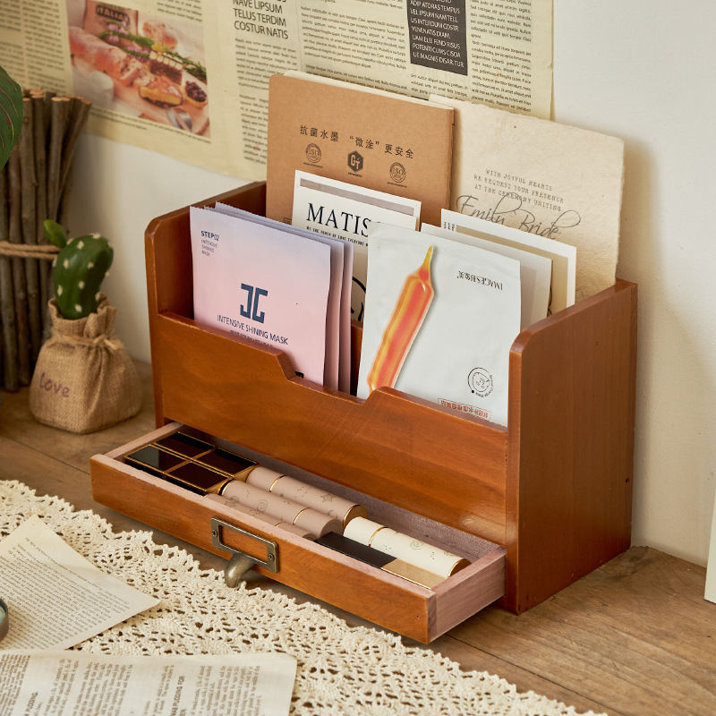 Retro Style Wooden Desktop Drawer Organizer Box - Office File Storage Cabinet For Desk Organization