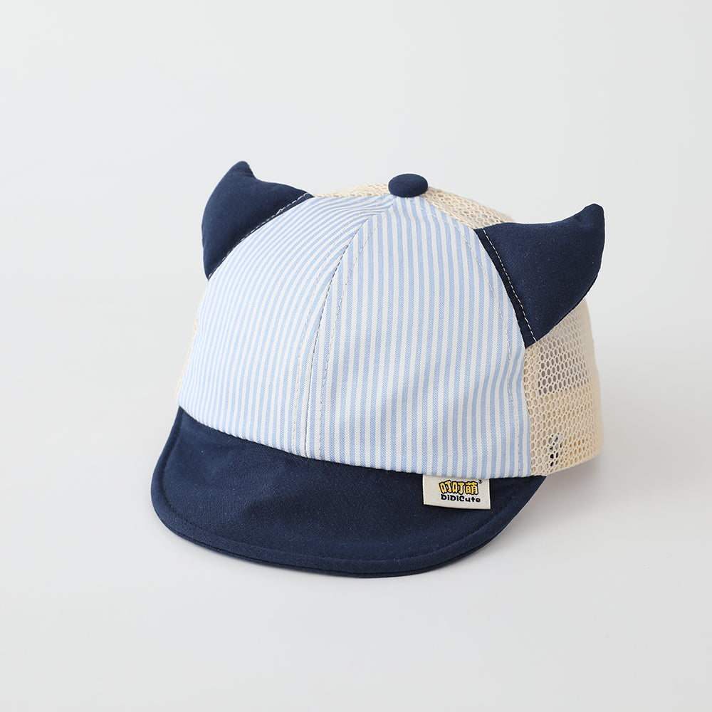 Children's Vertical Stripe Demon Horn Mesh Baseball Cap For Outdoor Picnics, Family Outings, Soft Brim, Sun Protection, Baby Hat