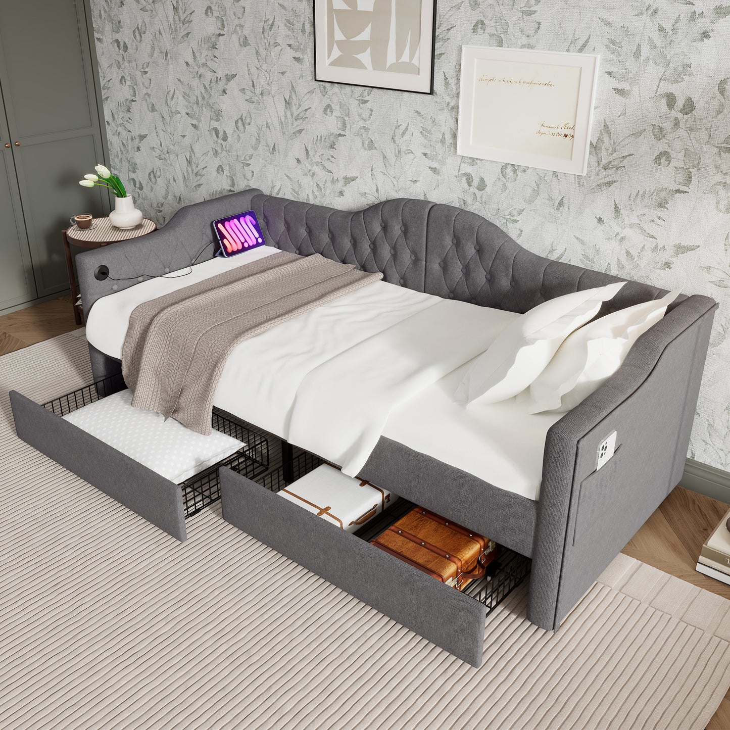 Upholstered Bed Daybed Sofa Bed Storage Beds Bed Frame With USB Type C Charging And 2 Drawers 90x200cm In Grey Linen Without Mattress