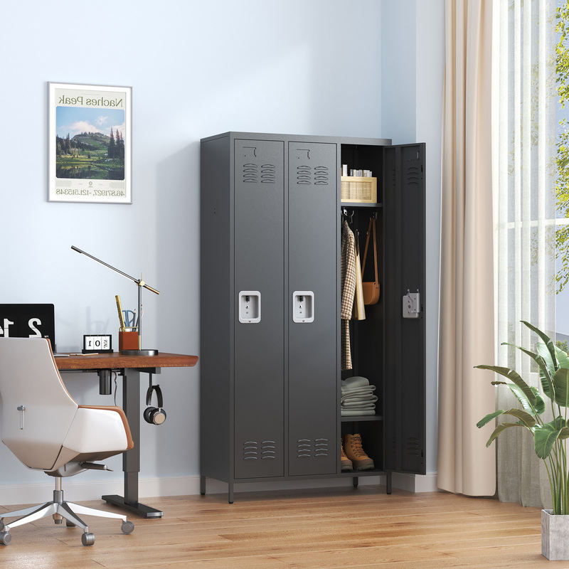 3-Door 72in Steel Locker W Locks For Employees, Storage Cabinet For Home Gym Office School Garage, Gray,Black