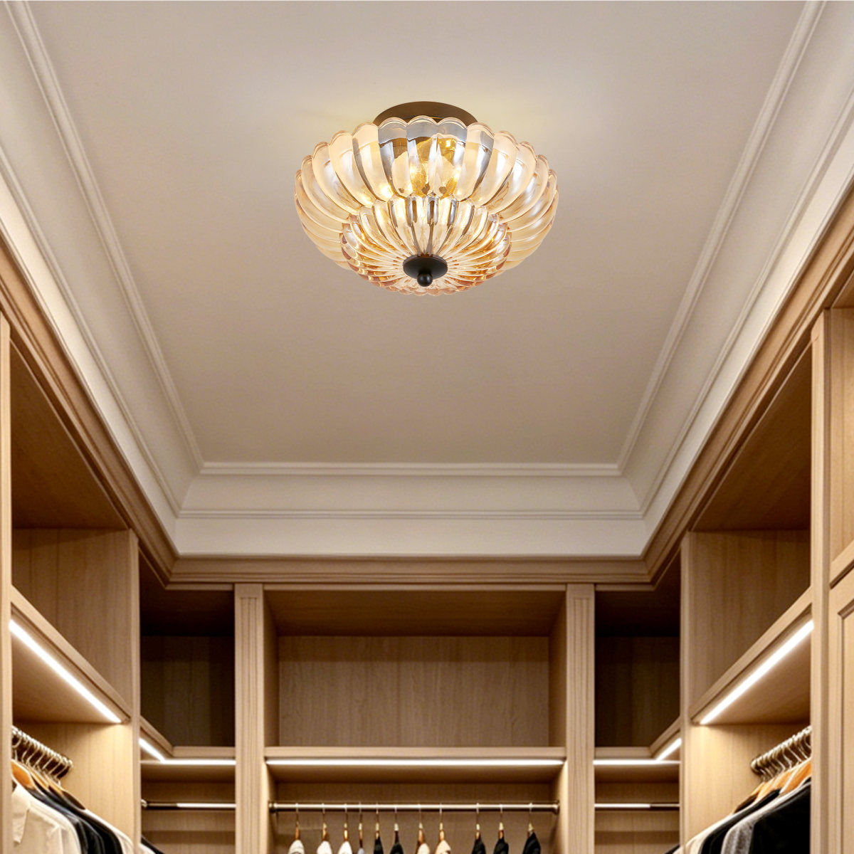 Semi Flush Mount Ceiling Light, Amber Glass Ceiling Light Fixture, 3-Bulb Modern Black Close to Ceiling Light, Vintage Glass Ceiling Lights for Bedroom Kitchen Living Room, Bulb Not Included