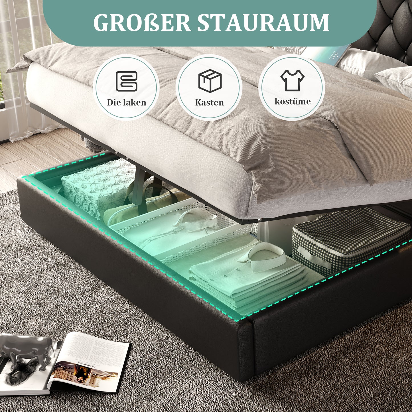 Old SKU W1880S00073 Bed Frame With Long Headboard, Fashionable Velvet Material, Multiple USB Ports, Desk Lamp, Hydraulic System, Extra Large Storage Space At The Bottom, 160 X 200 Cm, Black