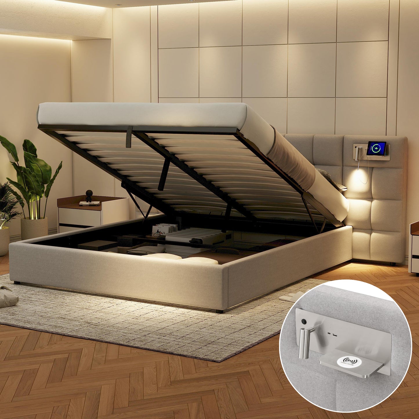 Upholstered Bed 180 X 200 Cm, Hydraulic Bed, With USB Port & Wireless Charging & Illuminated Lamp, With Storage Space, For Adults & Teenagers, Wooden Slat Support, Easy Assembly, Linen, Grey