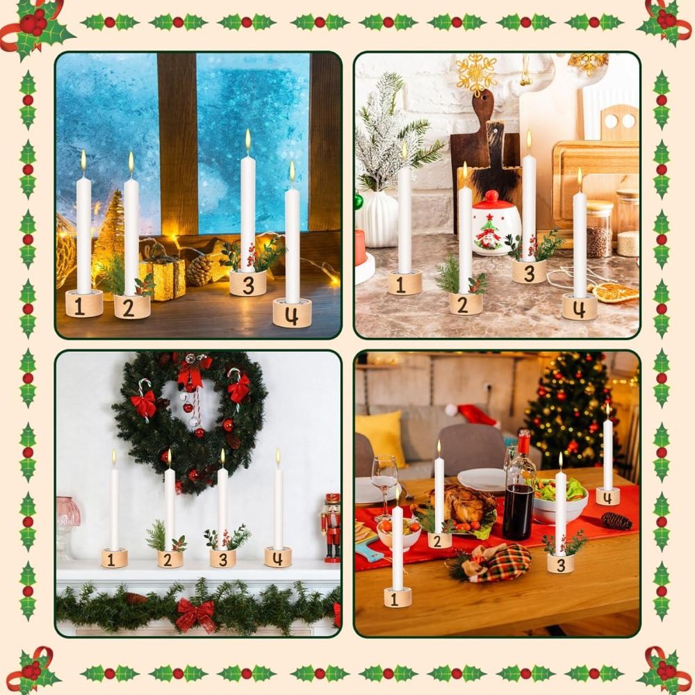 Set Of 4 Advent And Christmas Wooden Candle Holders, Tealight Holders With Advent Numbers & Flower Inserts For Christmas, Advent, Wedding Celebrations, And Home Decor
