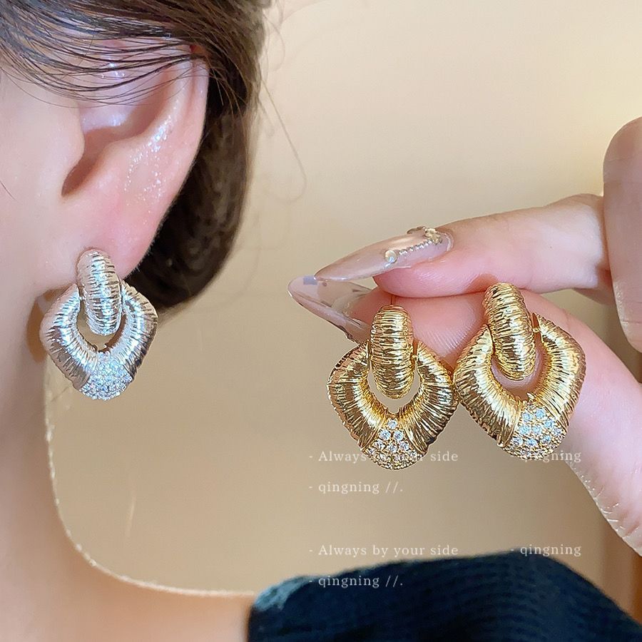 Diamond Studded Rhombus Geometric Earrings, Luxury Chic Women's Fashion Jewelry