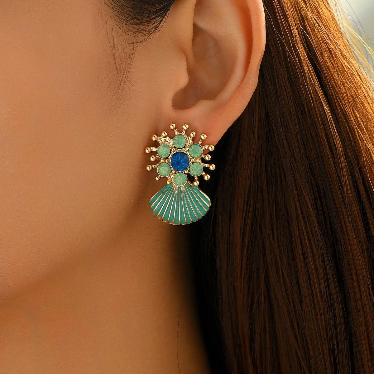 Cross-border Fashion European American Ocean Style Women Earrings, Geometric Shell Oil Drip Stud Earrings Inlaid Cubic Zirconia, Versatile Daily Ear Accessories