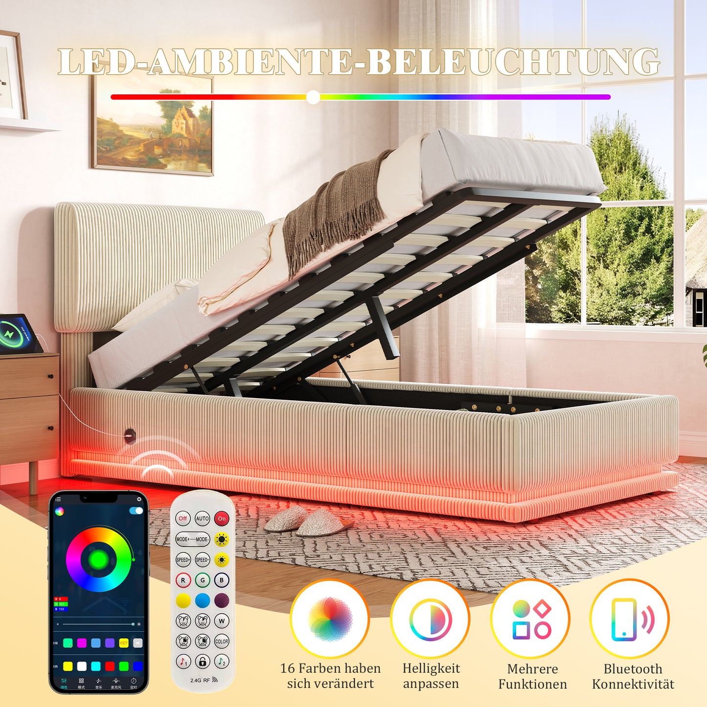 Modern Upholstered Beds With LED Lighting And USB-C Charging Function, Height-adjustable Headboard, Corduroy Fabric, Sturdy Slatted Frame, Large Underbed Storage Space And Comfortable Upholstered Head