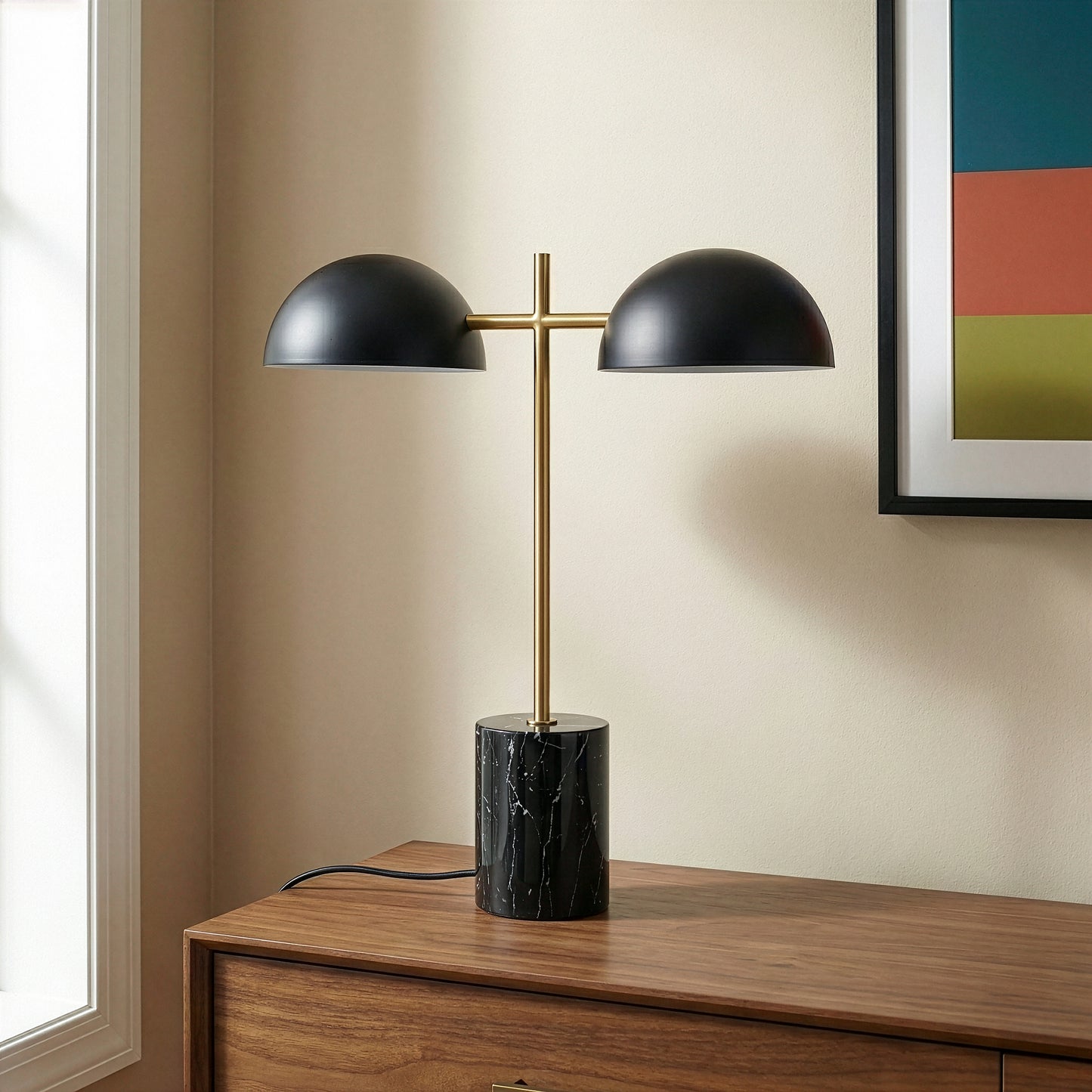 Black Table Lamp With On Off Switch, Double Lamp, Faux Marble Base 22.4 H X 20 W X 7.9 D For Living Room, Desk Lamps For Office Reading