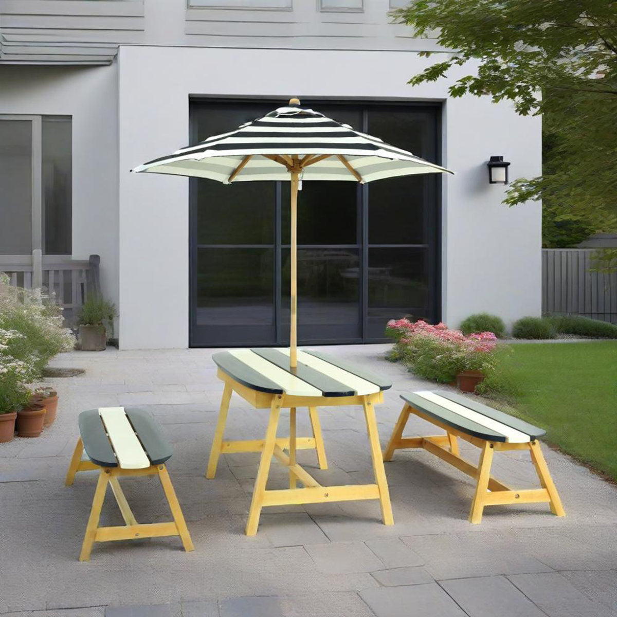 Naturally Playful Kids Picnic Table With Umbrella, Indoor Outdoor Toys-Dark Blue