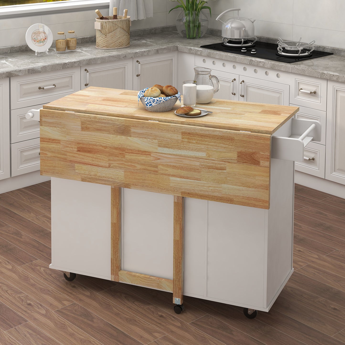 Kitchen Island With Spice Rack, Towel Rack And Extensible Solid Wood Table Top-White