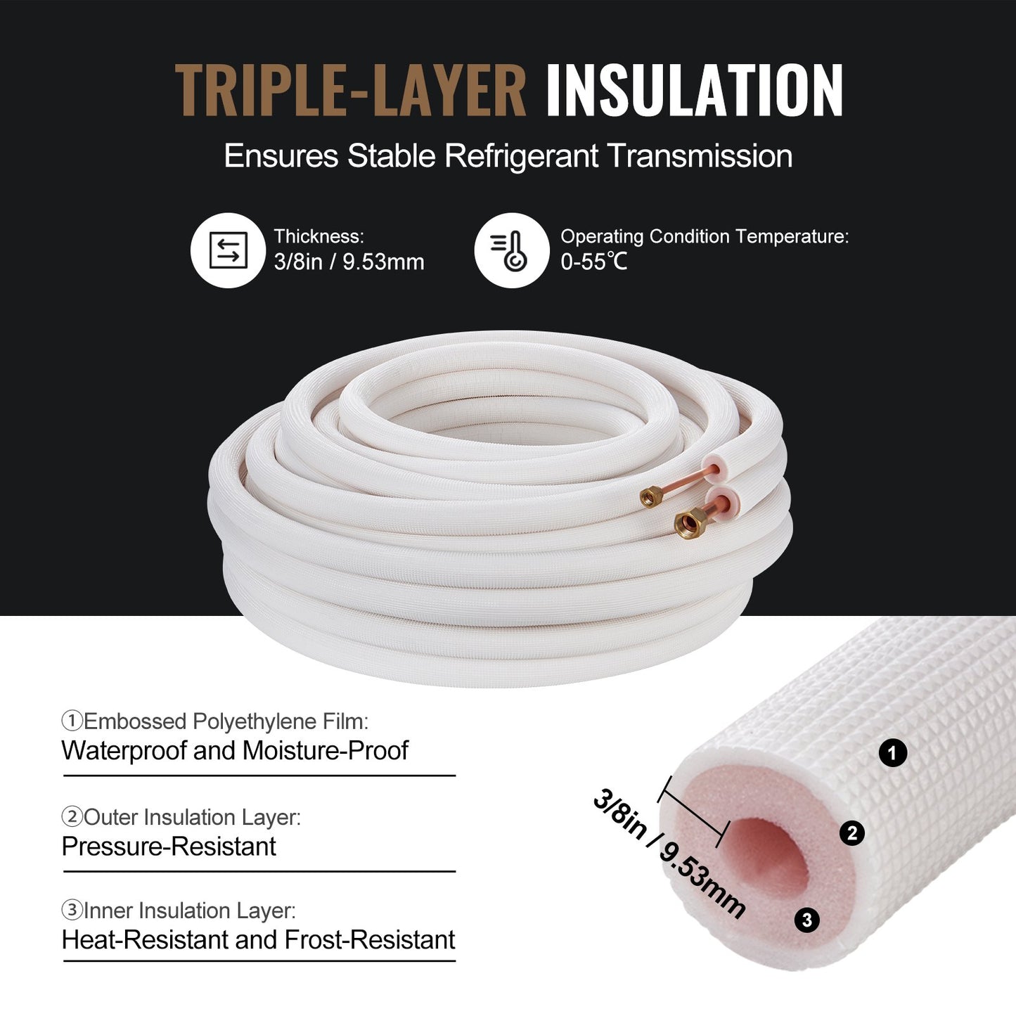50FT Mini Split Line Set, 1/4" & 1/2" O.D Copper Pipes Tubing And Triple-Layer Insulation, For Mini Split Air Conditioning Refrigerant Or Heating Pump Equipment & HVAC With Wrapping Strips.