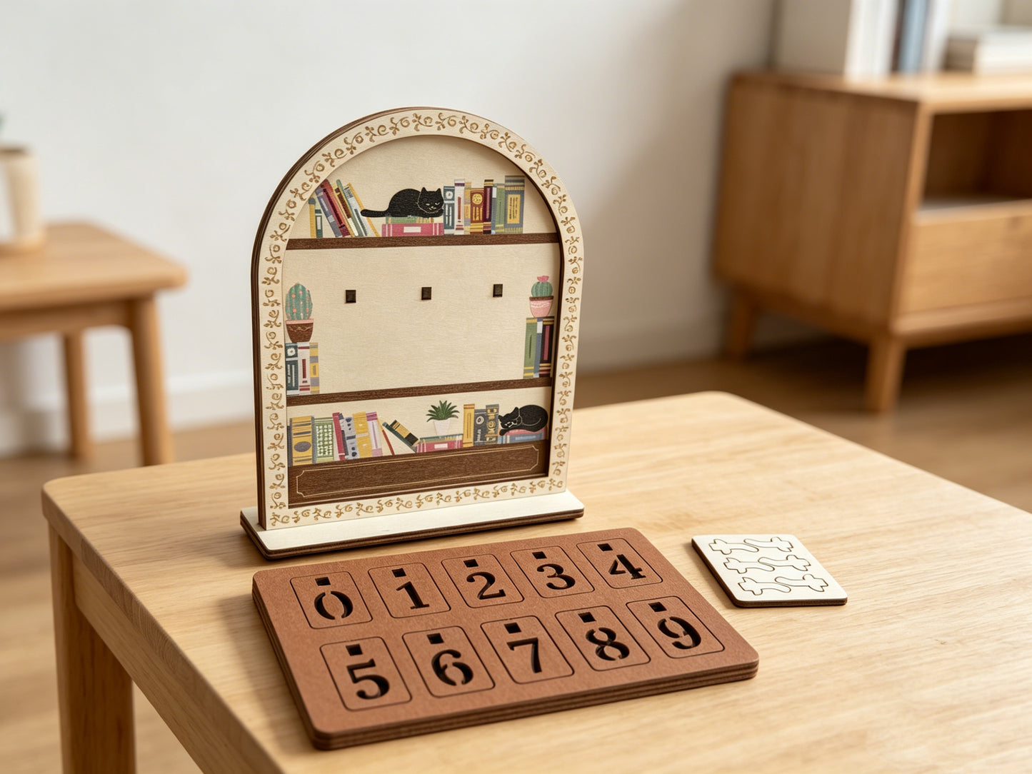 Wooden Black Cat Bookshelf Reading Tracker, Reusable Number Reading Counter, Desk Decor Book Log Perpetual Calendar