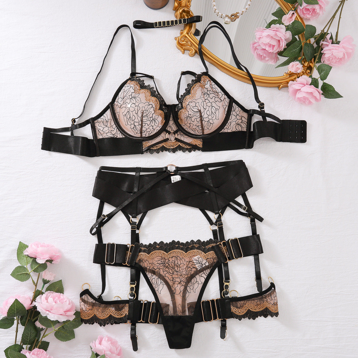 5-Piece Body-Shaping Sheer Embroidered Contrast-Color Sexy Lingerie Set
