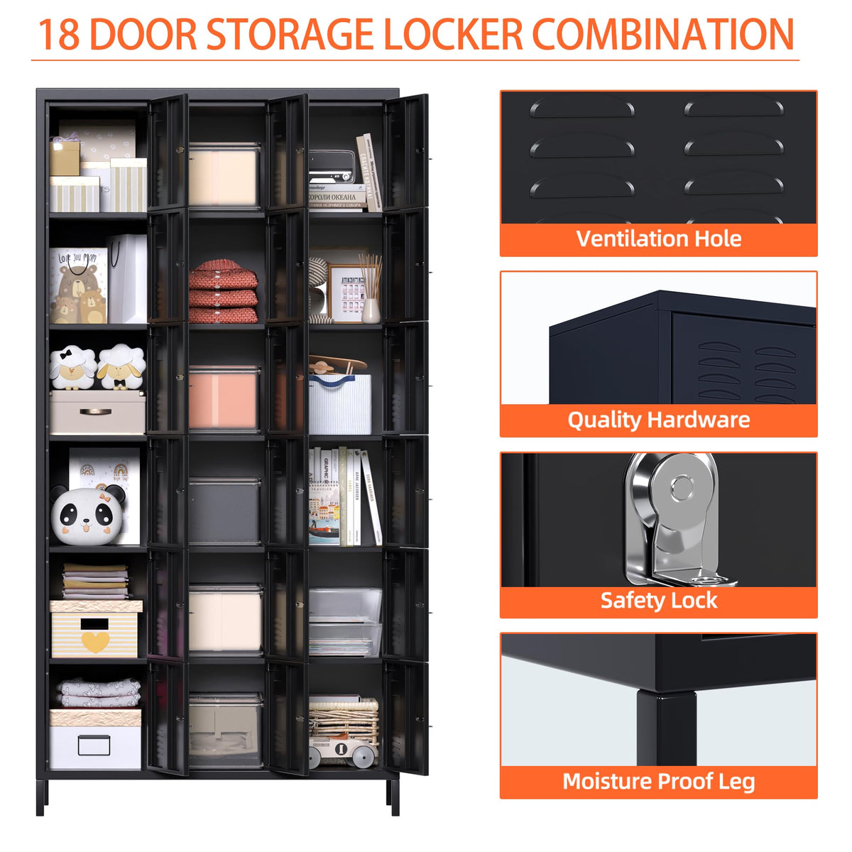 Lockers For Employees, 18 Doors Metal Storage Locker With Card Slot And Ventilation Holes For Office Home School Gym Garage, Black, Assembly Required