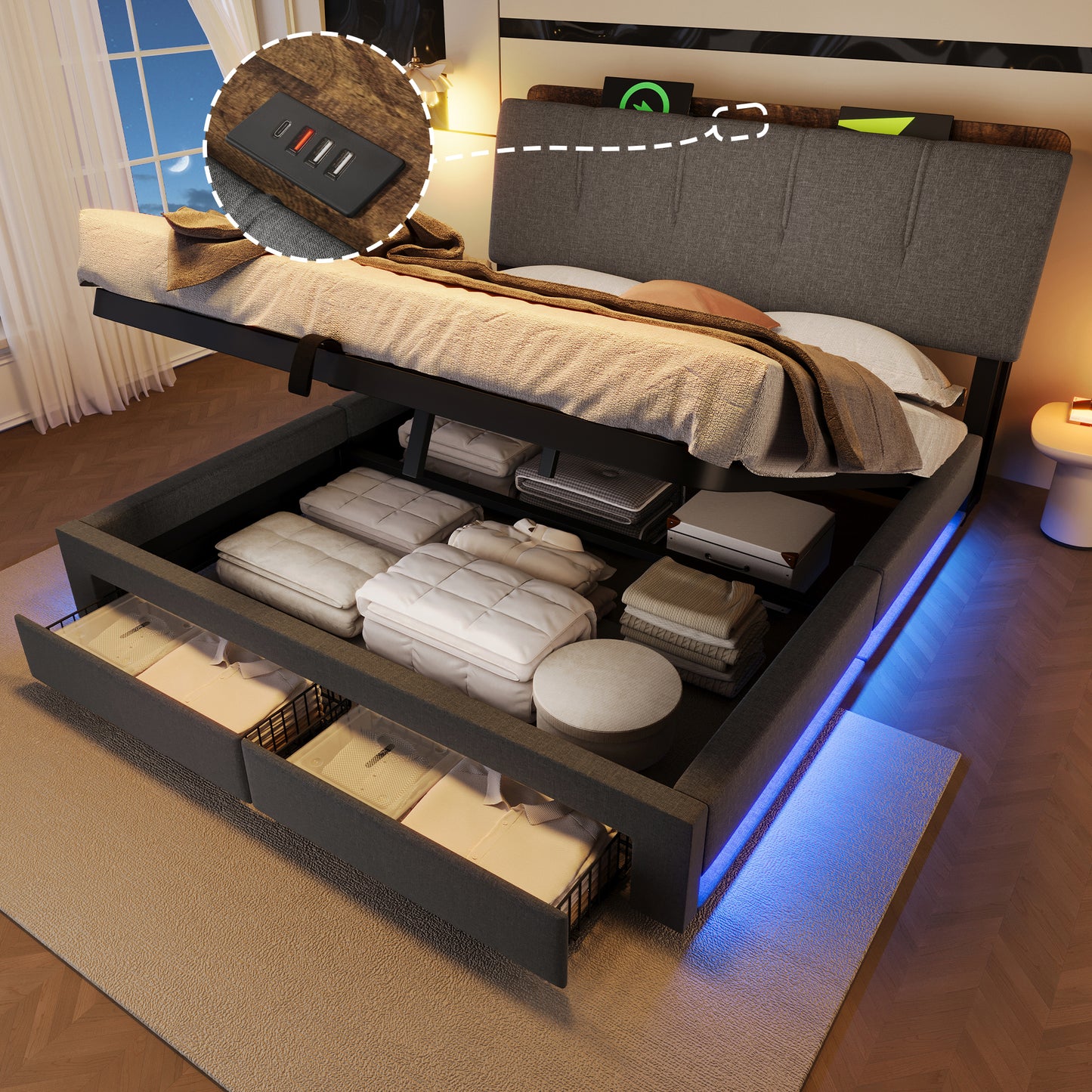 Upholstered Bed , 140x200 Cm, Hydraulic Storage, With USB Type-C Charging Function,Without Mattress,Multifunctional Storage, LED Lighting, Push-button Appdien, Linen, Grey