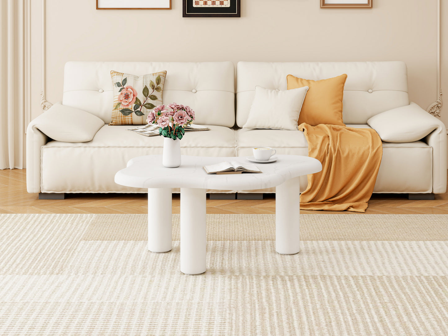Cloud-shaped Coffee Table In Marble Look, Modern Living Room Table With Rounded Edges, Stable Solid Wood Legs, Easy-care Surface, Ideal For Living Room & Lounge