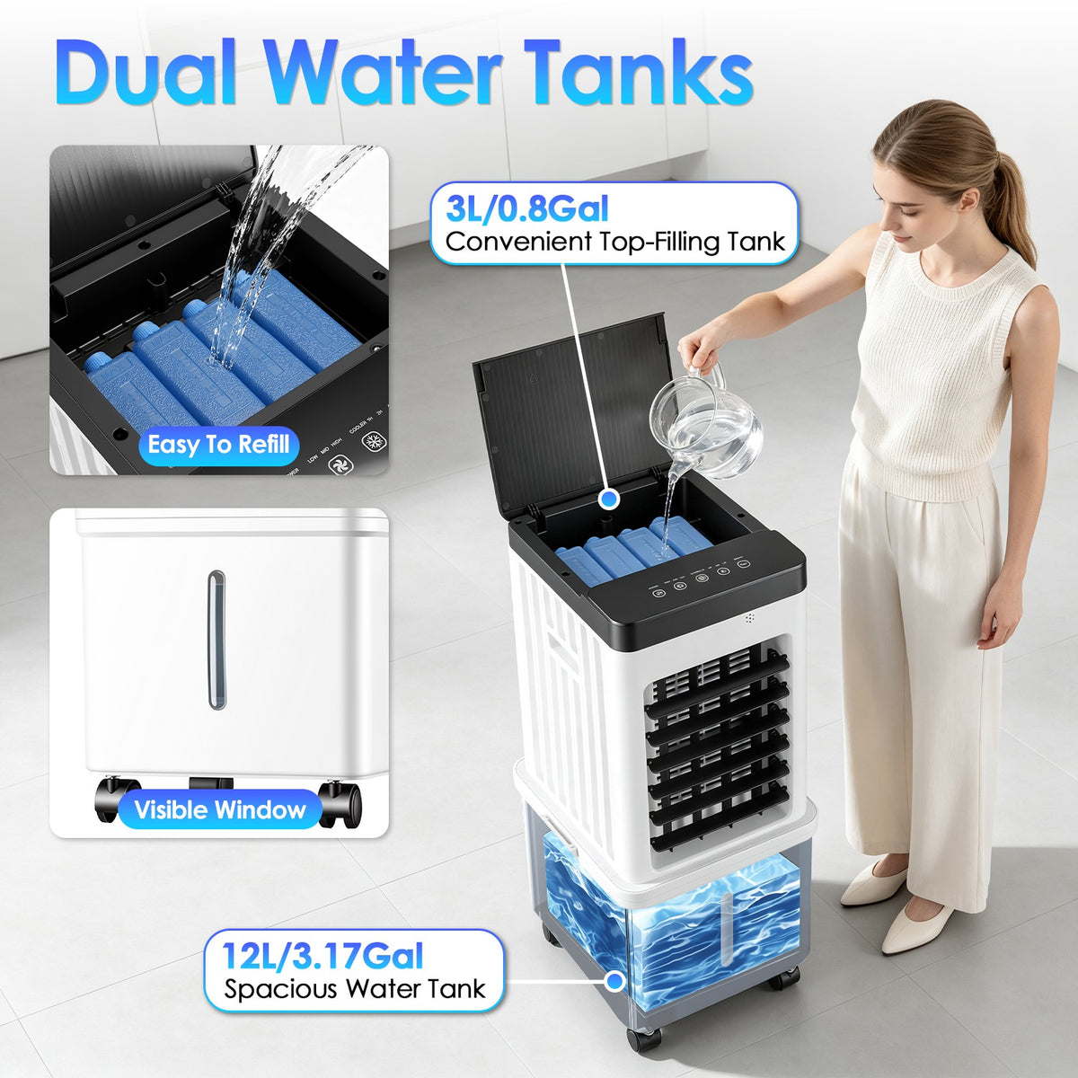 Portable Air Cooler Fan 12L Evaporative Air Conditioner With 3-Speed Dual Water Tank Touch & Remote Control 4 Wheels 4 Ice Packs Oscillation 15H Timer Visible Window For Bedroom Office Home