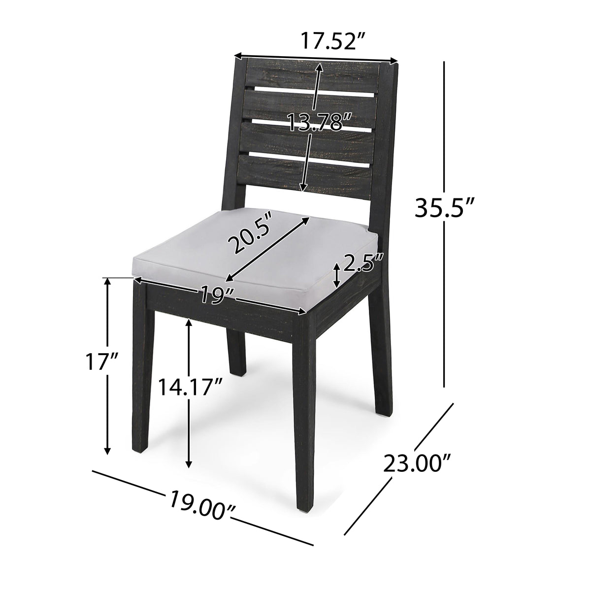 Outdoor Acacia Wood Armless Dining Chair With Cushions Set Of 2 , Sandblasted Dark Gray Light Gray