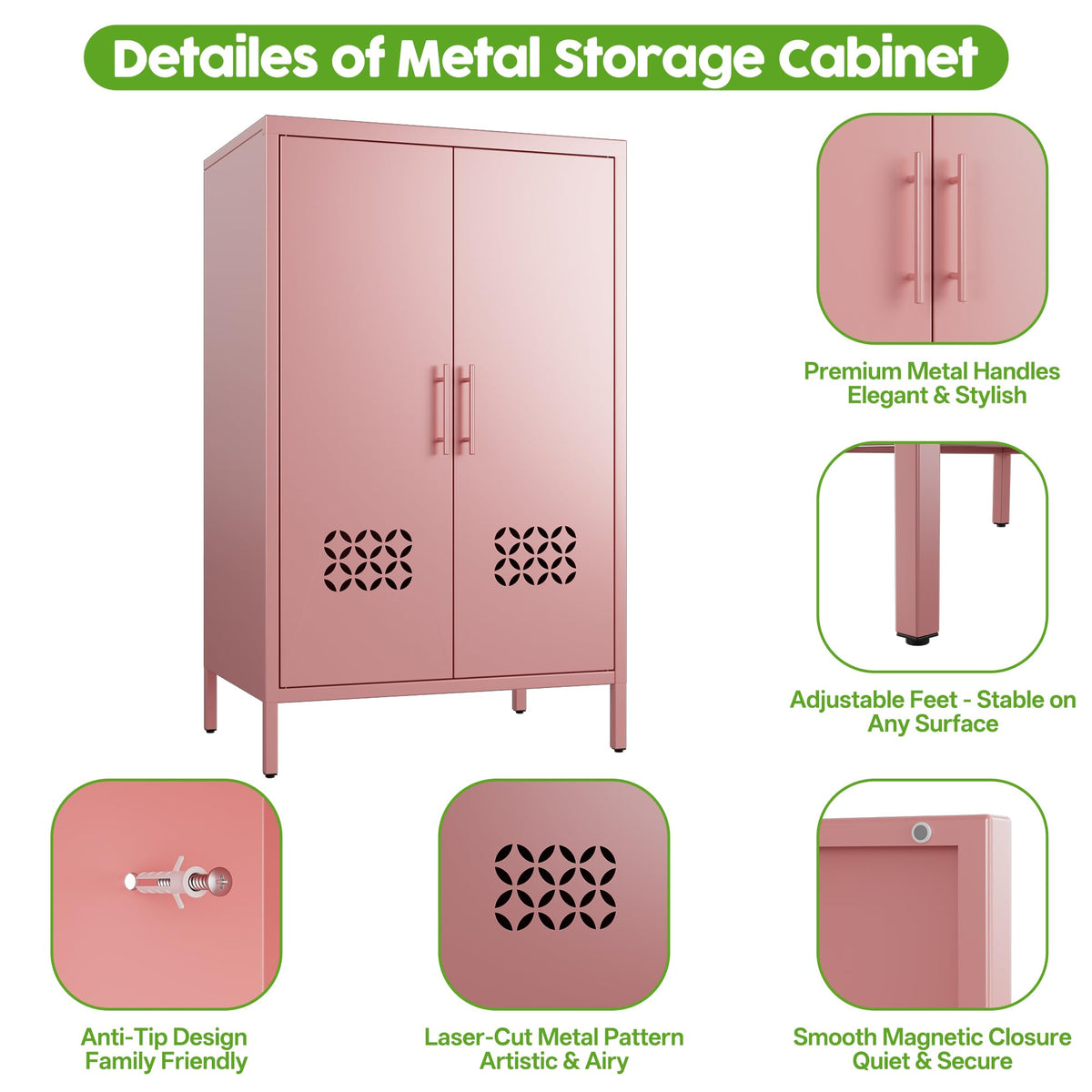 Metal Storage Cabinet, 42inch H Kitchen Pantry Storage Cabinets With 2 Shelves, For Living Room, Home, Required Assembly
