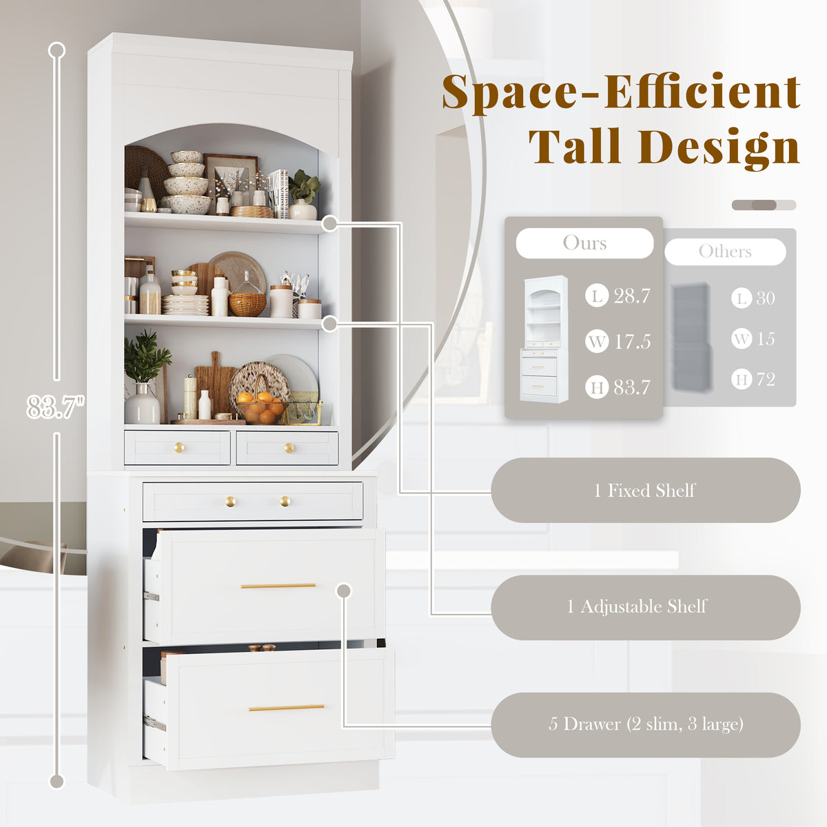 TOPMAx Modern 83.7inch High Kitchen Pantry Freestanding Tall Kitchen Hutch With Faux Marble Top Cupboard Cabinet With 5 Storage Drawers And Adjustable Shelf Set Of 2 White