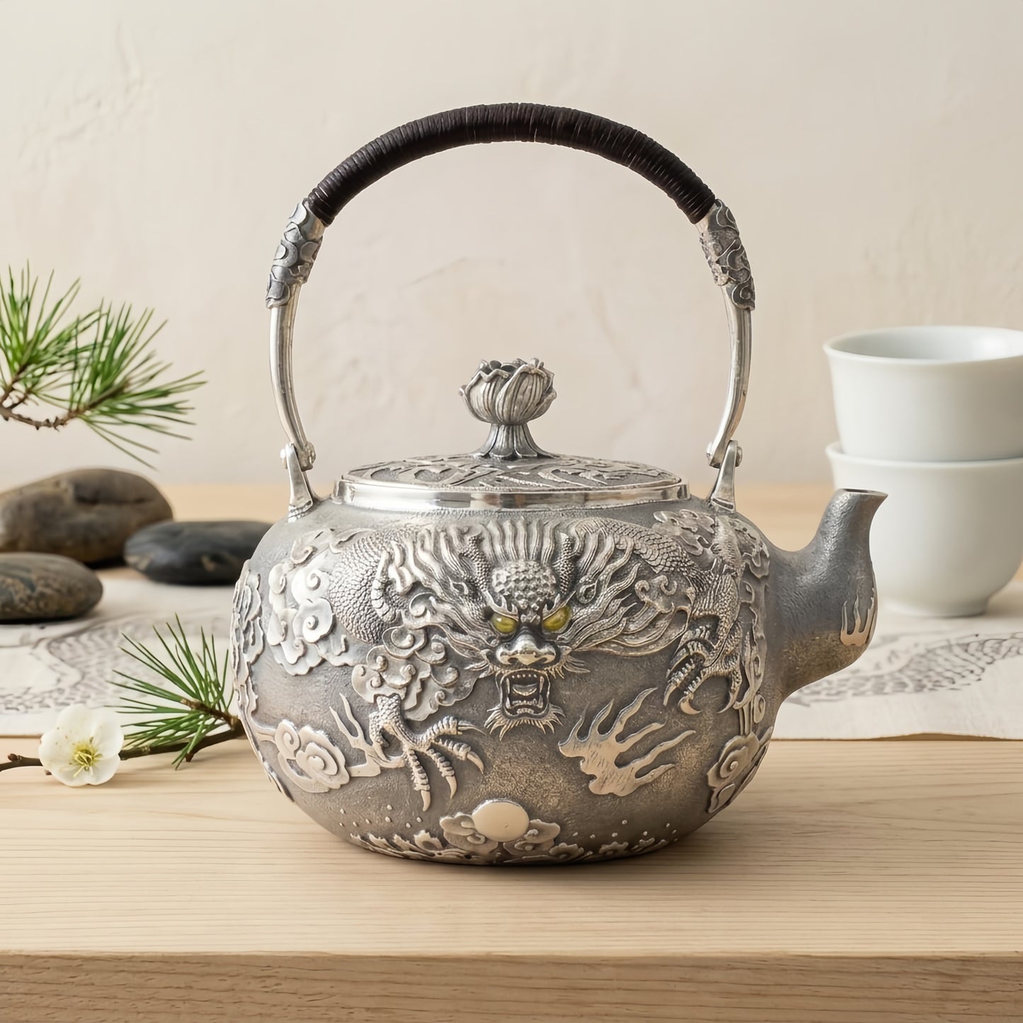 925 Sterling Silver Handcrafted Silver Tea Kettle with Exquisite Imperial Dragon Relief and Lotus Lid - Handicraft